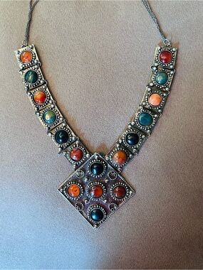 Volm Boho Multi-Stone Pendant Statement Necklace - Orange, Teal & Black